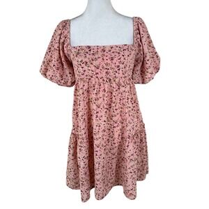 Dee Elly Babydoll Dress Women S Pink Floral Puff Sleeve Square Neck‎ Y2K Mini